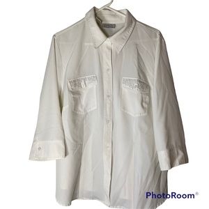 Kathy Che Embellished Blouse Shirt Rhinestone Pockets Off White 18